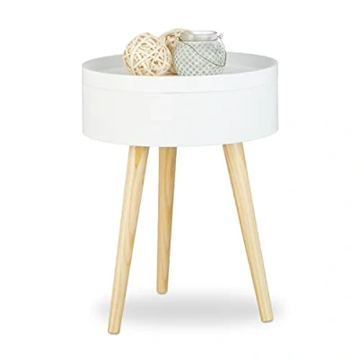 Image of Relaxdays Round Scandinavian Tray Dining Table, Wood, 3 Legged, Night Stand Coffee HxWxD: 50 x 38 cm, White
