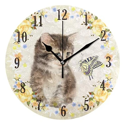 Image of Mnsruu Round Cat and Butterfly Silent Wall Clock Decorative, Battery Operated Easy to Read for Indoor Living Room Bedroom