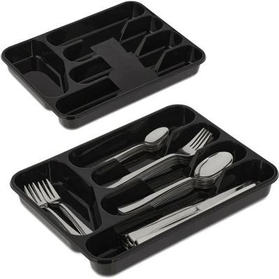 Image of Relaxdays Set of 2 Cutlery Trays, 4 x 24.5 32.5 cm, 5 Compartments, Organiser, Kitchen Drawer Insert, Plastic, Black