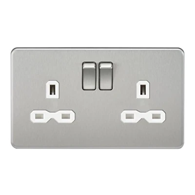 Image of KnightsBridge 13A 2G DP Screwless Brushed Chrome 230V UK 3 Pin Switched Electric Wall Socket White Insert