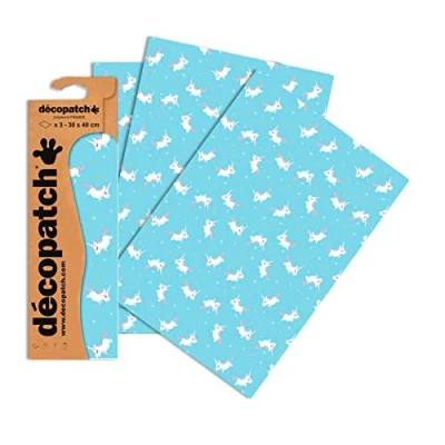Image of Décopatch Ref C727O Blue Cartoon Unicorn Design Paper Pack Each Sheet 30 x 40cm, of 3 Sheets Best Used With Décopach Glue &amp; Varnish, Pink