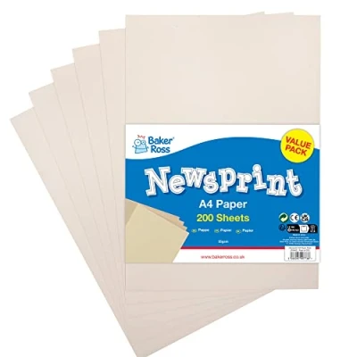 Image of Baker Ross FX842 A4 Newsprint Paper Pack of 200, for Wrapping and Arts Crafts