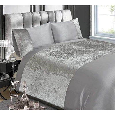 Image of Luxury Crushed Velvet Panel Super King Duvet Cover Set Silver