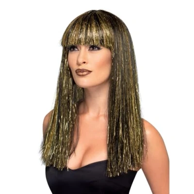 Image of Smiffys Egyptian Goddess Wig, Black with Gold Tinsel, Legends &amp; Myths Fancy Dress, Ancient Egypt Dress Up Wigs