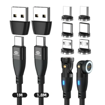 Image of Trescopes 6 in 1 PD100W Magnetic Charging and Data Cable swivel, USB A/C to Type C, I Products Micro Meter + 2 [2 Pack]