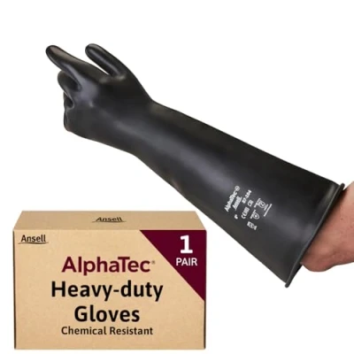 Image of Ansell AlphaTec 87 104 Chemical Resistant Gloves in Latex with Long Cuff (43cm/17in), Heavy Duty Protection against Acids and Solvents, Reusable Rubber Gloves, Black, Size L (1 Pair)