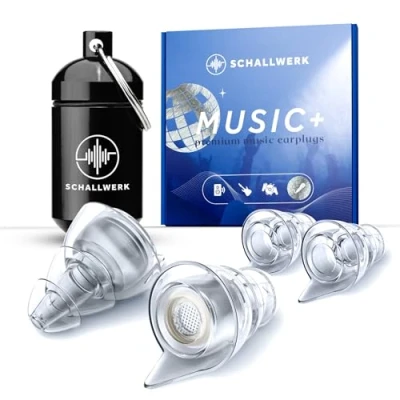 Image of SCHALLWERK ® Music+ Discreet Ear Protection Earplugs Dampen Noise &amp; Maintains Sound Quality Transparent Plugs Suitable for Music, Festival, Work Learning