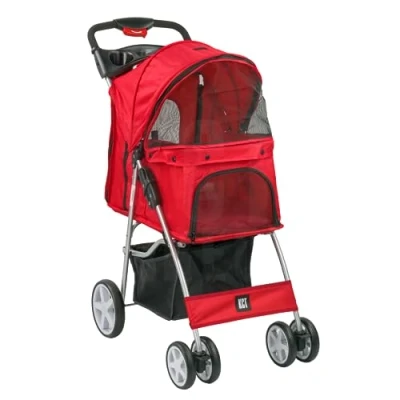 Image of KCT Hooded Foldable Pet Dog Cat Stroller Red 4 Wheel Travel Carriage with Safety Leash, Canopy, Cup Holder, Storage Tray