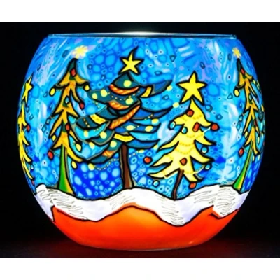 Image of Milford Snowy Christmas Colourful Glass Nightlight Festive Decoration Candle Holder