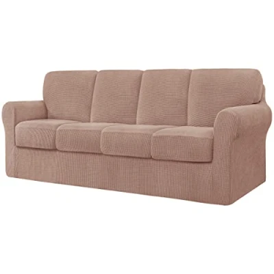Image of CHUN YI 9 Pieces Stretch Sofa Cover 4 Seater with Four Separate Cushions and Backrests Stylish Jacquard Spandex Fabric Slipcover for Living Room Furniture Protector(4 Seater，Camel