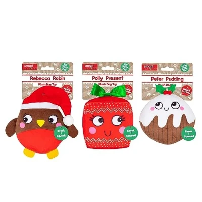 Image of YöL Set Of 3 Plush Christmas Dog Toys Squeaker Crinkles Pet Puppy Gift Present Robin Xmas Pudding