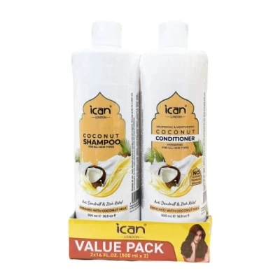 Image of ican London Coconut Enriched Anti Dandruff, Itch Relief Shampoo &amp; Conditioner DUO PACK 500ml X 2
