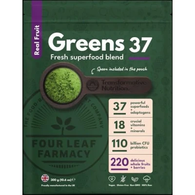 Image of Greens Powder Limited Edition Made in UK with 37 superfoods 300g High Dosage Servings Vegan Gluten Free KSM 66® Ashwagandha and Lions Mane (300g, Real Fruit Blend)