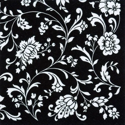 Image of 20 Serviettes Flower Tendril Black / White Flowers Ornaments 33 x cm