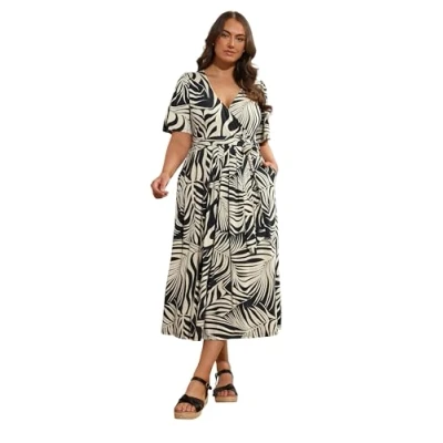 Image of EVANS Curve Palm Print Wrap Midi Dress Women&#039;s Plus Size Black