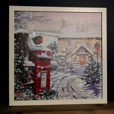 Image of Battery Operated 40 x 40cm Light up Snowy Christmas Robin Scene Picture Canvas