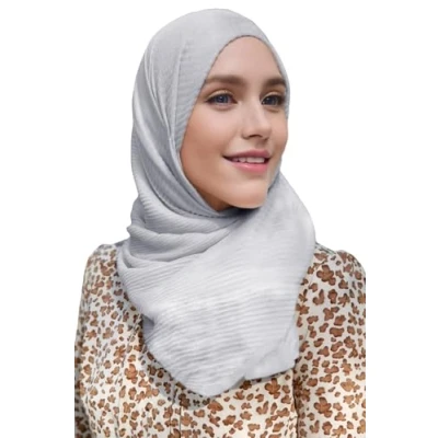 Image of Lina &amp; Lily Premium Cotton Pleated Hijab for Muslim Women, Maxi Head Scarf Shawl Wrap Lightweight (Light Grey)