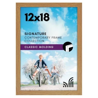 Image of Americanflat 12x18 Oak Picture Frame Composite Wood with Shatter Resistant Glass Horizontal and Vertical Formats for Wall Included Hanging Hardware