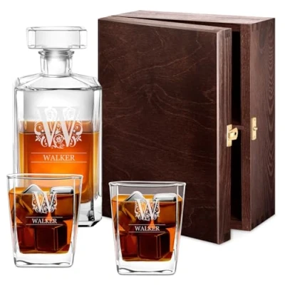 Image of Maverton Whiskey Decanter Set of 2 Glasses You can Personalise Tumblers as Gift 700 ml Universal Carafe Letter