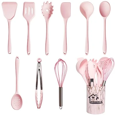 Image of UXIYI Silicone Utensil Set Kitchen Utensils, 10pcs Cooking Utensils Set, Including Turner Spatula Tong Spoon Non Stick Heat Resistant,Pink