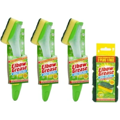 Image of 3X Elbow Grease Fillable Washing Up Brush with Sponge Ergonomic design handle Refills