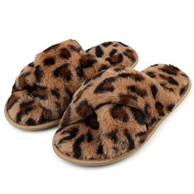 Image of riemot Slippers Women Fluffy Slipper Memory Foam Cross Band Furry Open Toe Ladies Soft Fur Warm Plush Home Anti Slide House Shoes for Girls Indoor Outdoor,Leopard,UK 5 6