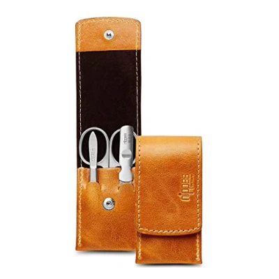 Image of nippes Solingen Cognac Manicure Set, 3 Piece Cowhide Leather Case with Press Stud, Nail Care Scissors Made in Germany