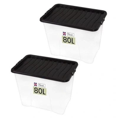 Image of Neat. Plastics 80L Storage Box, Clear Base, Black Lid Organise Easily with Plastic Box Lid, Ideal Boxes for Storage, Durable Lids Pack of 2
