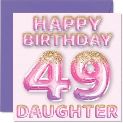 Image of 49th Birthday Card for Daughter Pink &amp; Purple Glitter Balloons Happy Cards 49 Year Old from Mum Dad Parents, 145mm x Bday Greeting Gift