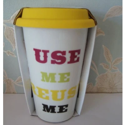 Image of The Leonardo Collection Use Me Reuse Double Walled Ceramic Travel Mug Yellow