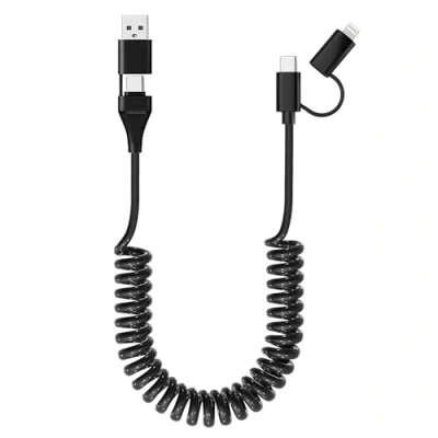 Image of USB C and Lightning Cable 4 in 1 60W [PD Charge &amp; MFi Data] Coiled Short Support CarPlay Android Auto, Charging Combo Type C/Lightning/USB A for iPhone 15 14/Android/Pad/Laptop