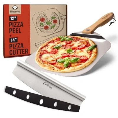 Image of Chef Pomodoro Pizza Peel, Paddle with Safety Backstep and Foldable Wood Handle for Easy Storage, Metal Peel Baking Homemade (30.5 x 35.6 cm + 35.5 Cutter)