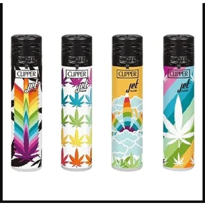 Image of 4 X Clipper Lighters Set, Assorted Designs, Gas LIGHTER Refillable You get all NEW, GIFT SET ( JET FLAME WINDPROOF Cool RAINBOW LEAVES Rasta )