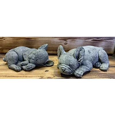 Image of STONE GARDEN PAIR OF LYING FRENCHIE FRENCH BULLDOG DOG PUPPY ORNAMENT STATUE