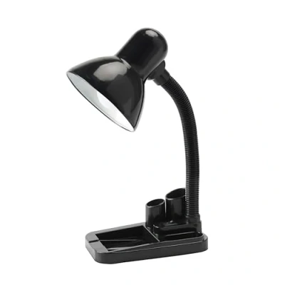Image of Powatron Flexible Desk Lamp with Pen Holder &amp; Tray Classic Bedside Table Reading Flexi Neck Study Light for Home Office Bedroom UK Mains Plug E27 Bulb Integral On/Off Switch Black