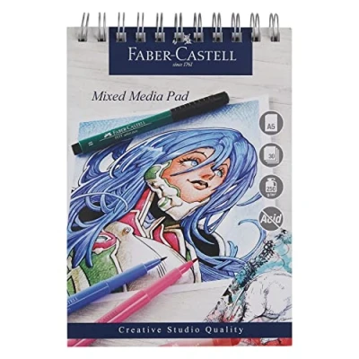 Image of Faber Castell Creative Studio Mixed Media Pad, A5, Spiral Bound Paper, 250 GSM, 30 Sheets, For All Media, Acrylic, Watercolour Paint And Pencils, Pastel, Charcoal, Graphite, Art, Craft, Home, School