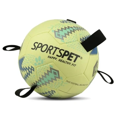 Image of SPORTSPET Dog Football with Grab Tabs, Durable Interactive Balls, Floating Water Toy for Indoor &amp; Outdoor Play (Size 4 Yellow Blue)