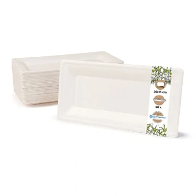 Image of BIOZOYG Disposable Dishes Sugarcane Plates compostable I 50 Pieces Rectangular Party 26 x 13 cm White Biodegradable for Starters Appetizers Antipasti