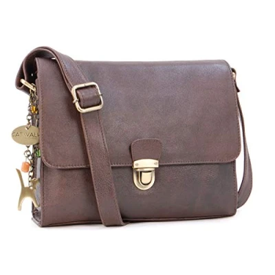 Image of Catwalk Collection Handbags Women&#039;s Leather Crossbody Bag Medium A5 Size Messenger Handbag With Multiple Compartments DIANA Brown