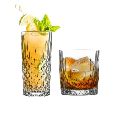 Image of LAV 12pc Clear Odin Glassware Set Mixed Glass Highball Cocktail Gin Glasses and Water Whiskey Drinking Tumblers