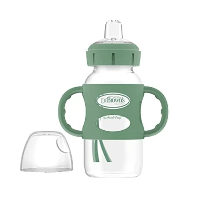 Image of Dr. Brown&#039;s Milestones Wide Neck Sippy Bottle with 100% Silicone Handles, Easy Grip Soft Spout, 9oz/270ml, 6m+, Khaki Green, 1 Pack, BPA Free