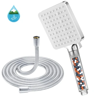 Image of Shower Head and Hose 1.6M with Filter YEAUPE PRO Square High Pressure Bathroom Heads (115*100mm) 6 Jet Modes,Large Powerful Flow Rain Showerhead for Low Hard Water Head,White