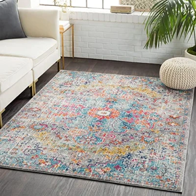 Image of Livabliss Asmara Vintage Rug Area Rugs Living Room 160x220 cm, Dining Floor, Kitchen, Traditional Multicoloured Boho Rug, Easy Care Pile, Bohemian Large Beige, Mustard, Blue