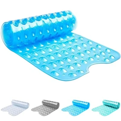 Image of ADOV Shower Mat, Extra Long Non Slip Bath Mat Antibacterial Rubber 100x40 cm, Anti Mould Machine Washable Safety Bathroom with 200 Strong Suction Cups Griping, Drain Holes Blue