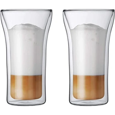 Image of BODUM 4547 10 ASSAM Coffee Glass Set (Double Walled, Dishwasher Safe, 0.4 L/14 oz) Pack of 2, Transparent