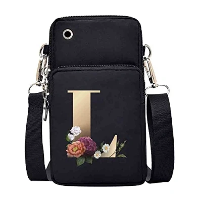 Image of FINDING CASE initial letter Printed Women Girls men Zipper Waterproof Nylon 3 Layers Crossbody Bags Wallet Cellphone Purse Shoulder Bag Wristlet Handbags Adjustable Strap (gold L)