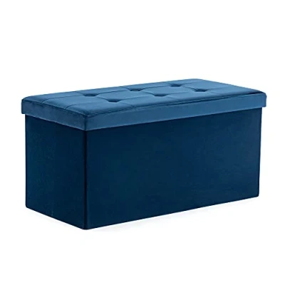 Image of HNNHOME Storage Ottoman with Lid 82 x 40 cm, Foldable Footstool 109L Capacity, Velvet Blanket Box Chest, Bedroom Bench, Living Room (Navy, Large)