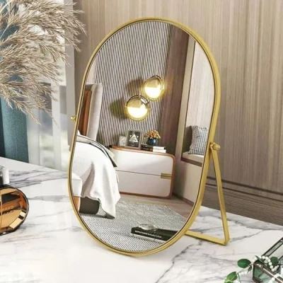 Image of Makeup Mirror Oval Desk Gold Table Metal Frame Portable Single Sided Swivel Tabletop High Definition Countertop with stand for Vanity Dresser Living Room Bedroom Office