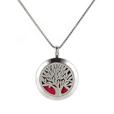 Image of Tree of Life Pendant Aromatherapy Essential Oil Diffuser Stainless Steel Locket Necklace 5 Felt Pads