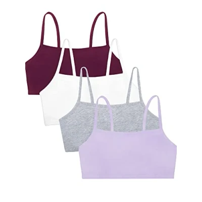 Image of Fruit of the Loom Women&#039;s Spaghetti Strap Cotton Pullover Sports Bra Value Pack, Opaque, Purple/White/Lilac/Grey, 38 (Pack 4)